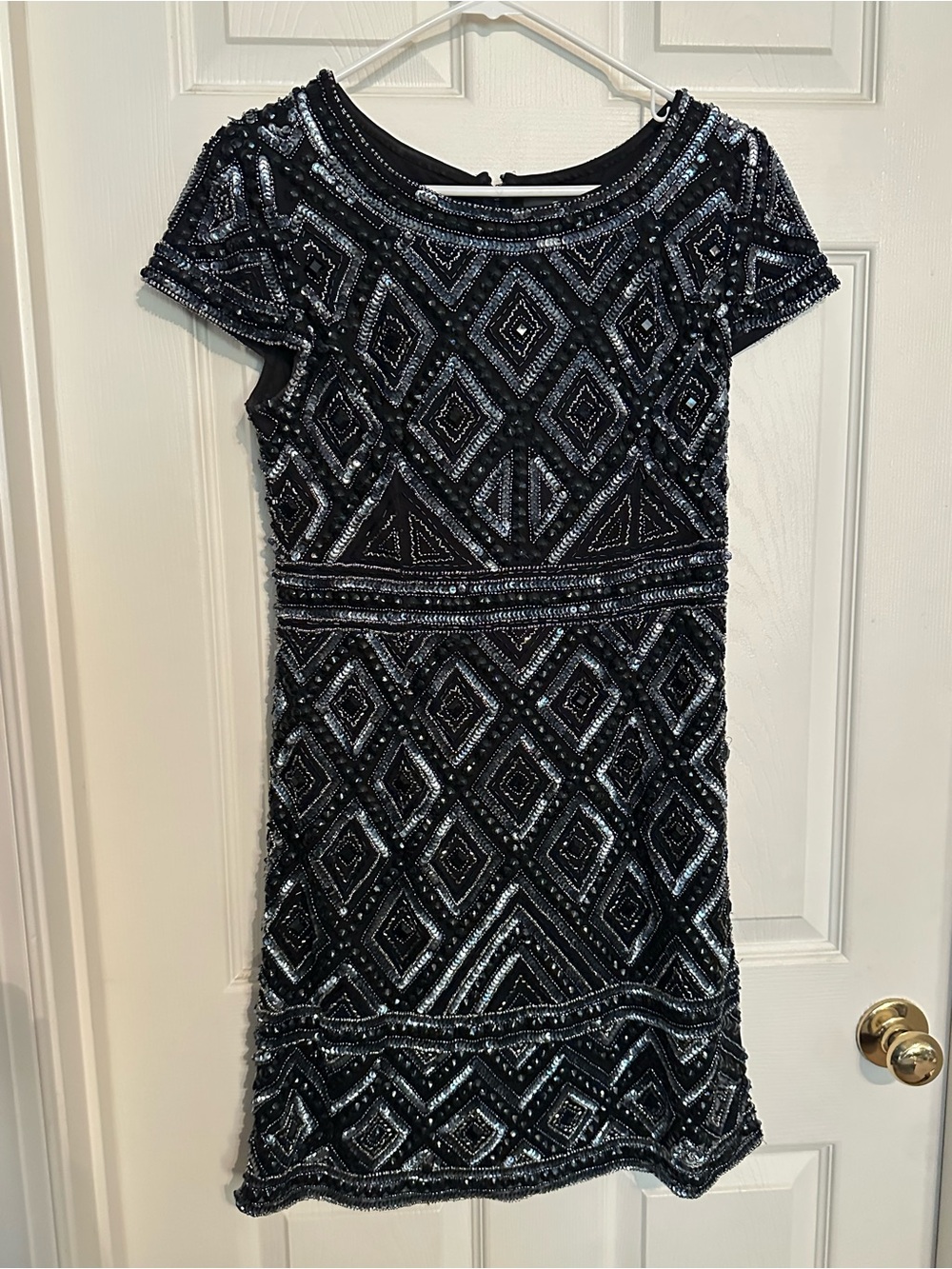 Adrianna Papell Black and Silver Beaded Midi Dress